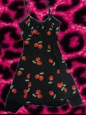 Black Cherry-Print Spaghetti Strap Casual Dress